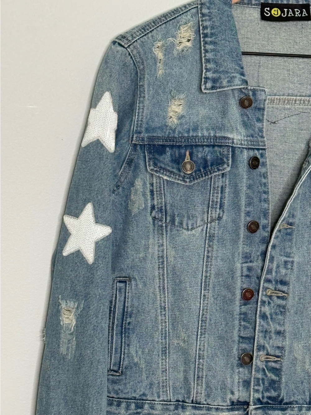 Distressed Rolling Stones Inspired+Stars Sequin Sleeve Denim Jacket by Sojara - Picture 5 of 8